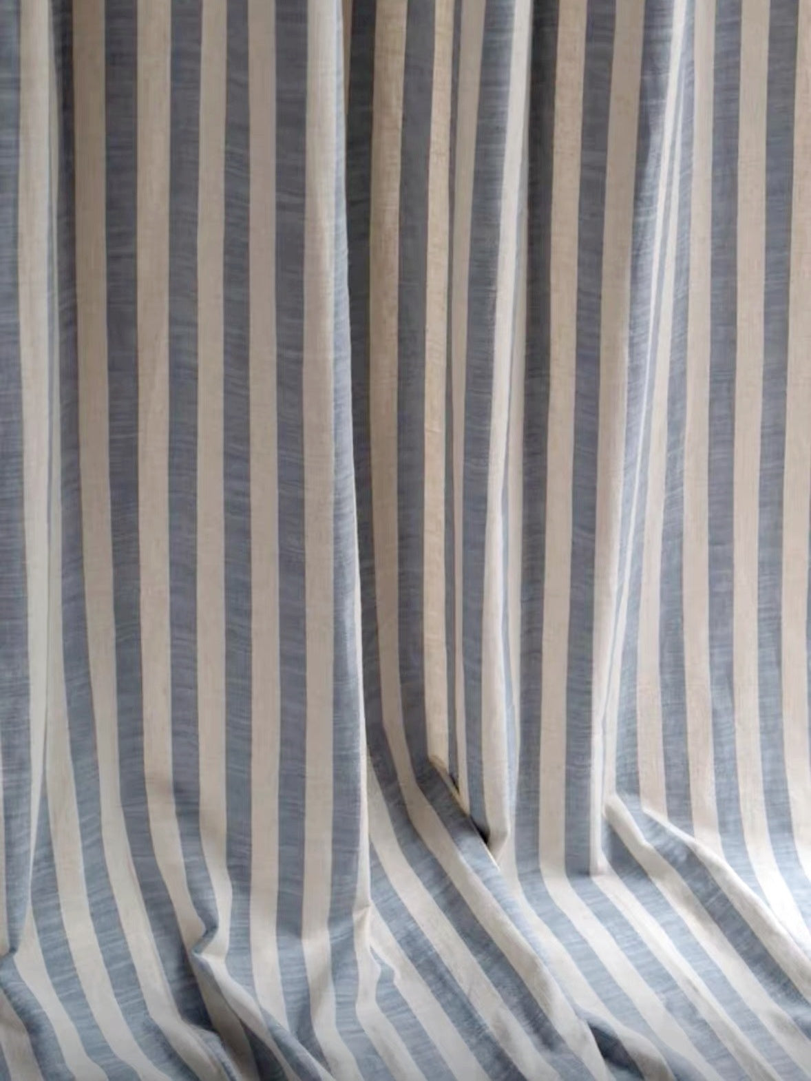 Tie Top Curtains: Custom Coastal Blue Ticking Stripe Linen Drapery for Nursery & Kids Room, 100% Linen