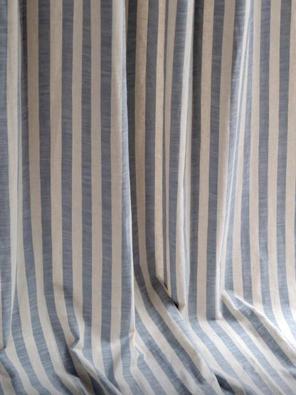 Tie Top Curtains: Custom Coastal Blue Ticking Stripe Linen Drapery for Nursery & Kids Room, 100% Linen