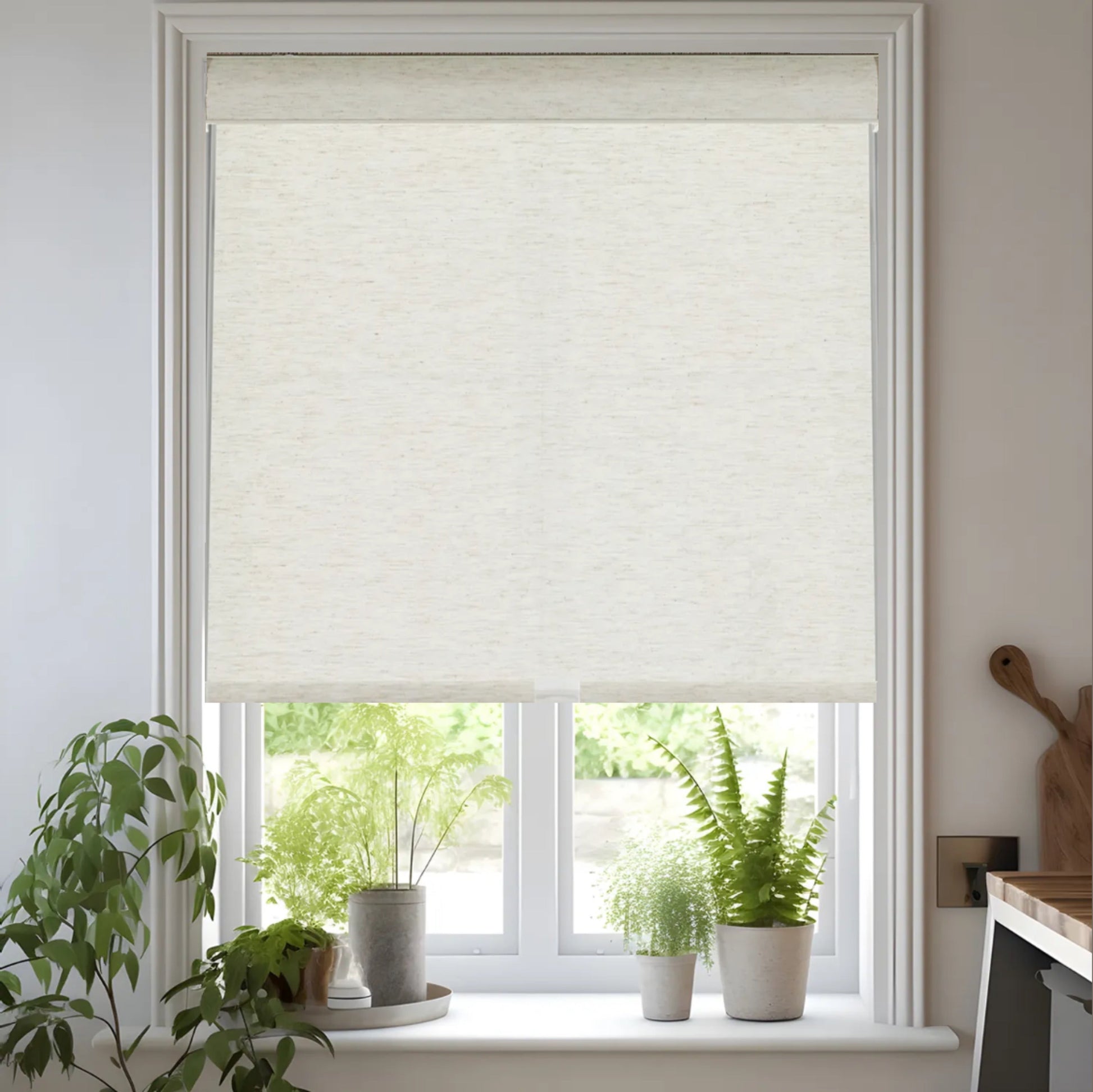 Semi-sheer linen roller shades installed on a balcony, providing a stylish and elegant touch while allowing some natural light to filter through.