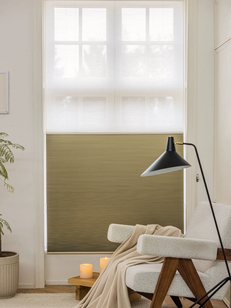 Cordless day and night blinds in a stylish living room setting.