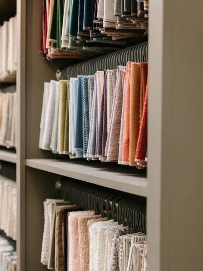Assorted curtain and upholstery fabric swatches displayed on a shelf, illustrating options for texture and color in home decor