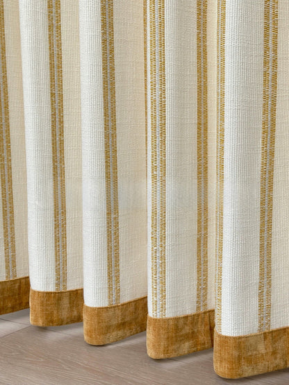 Modern minimalist Bauhaus stripe office curtains with ochre velvet trim for home workspace