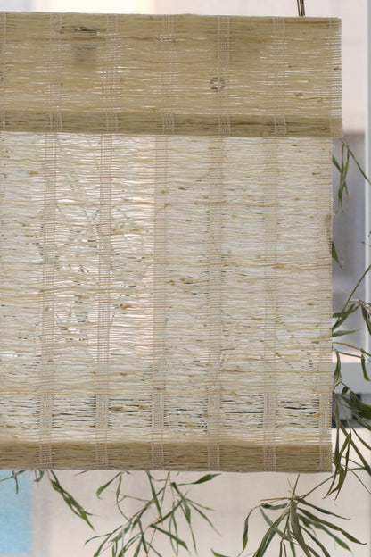 Natural almond-colored ramie woven wood shades with breathable texture and handcrafted design