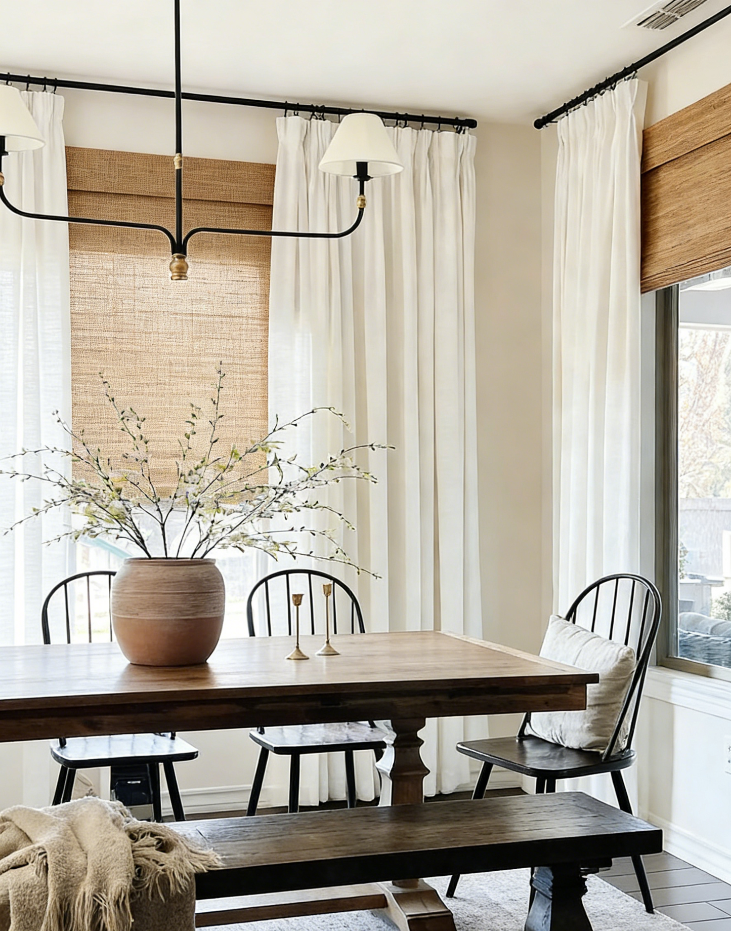 Brown beige natural woven jute blinds with textured bark pattern, light filtering window shades for modern farmhouse and coastal interiors