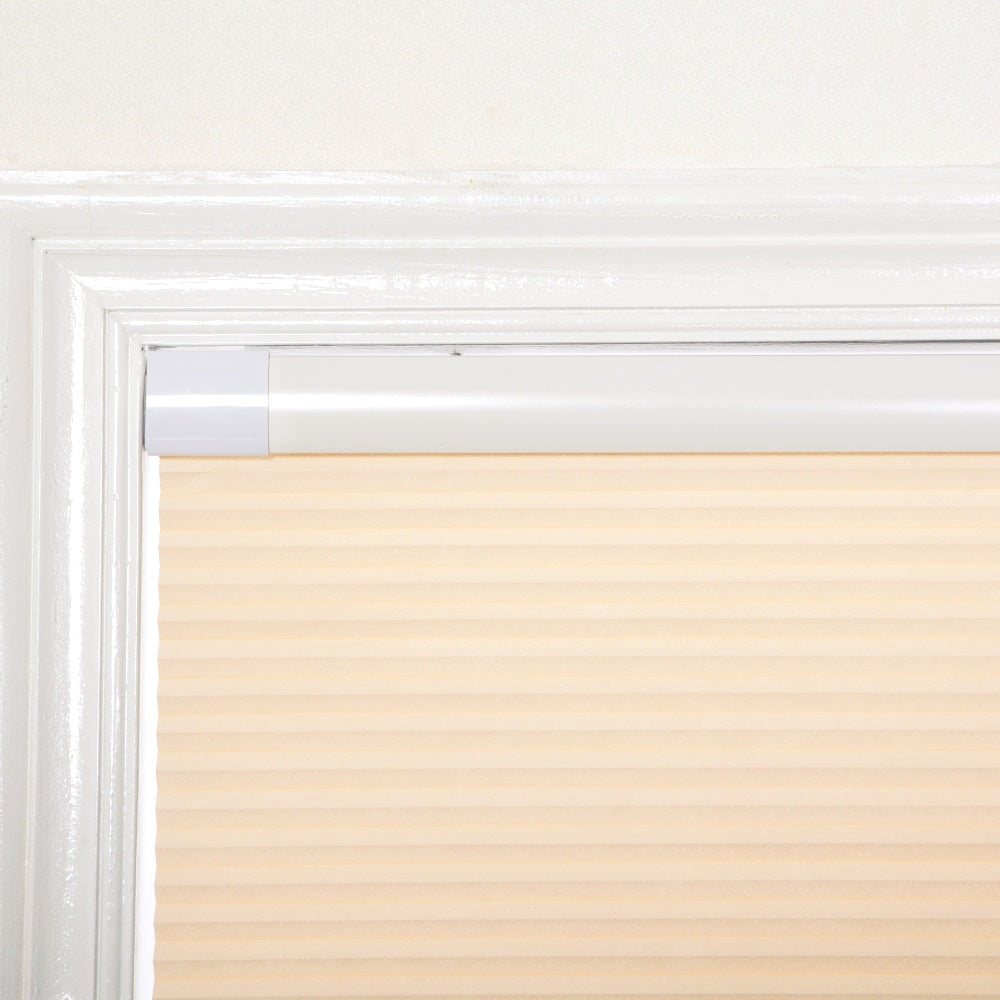 No-drill honeycomb shades, tool-free installation, beige color, close-up view.