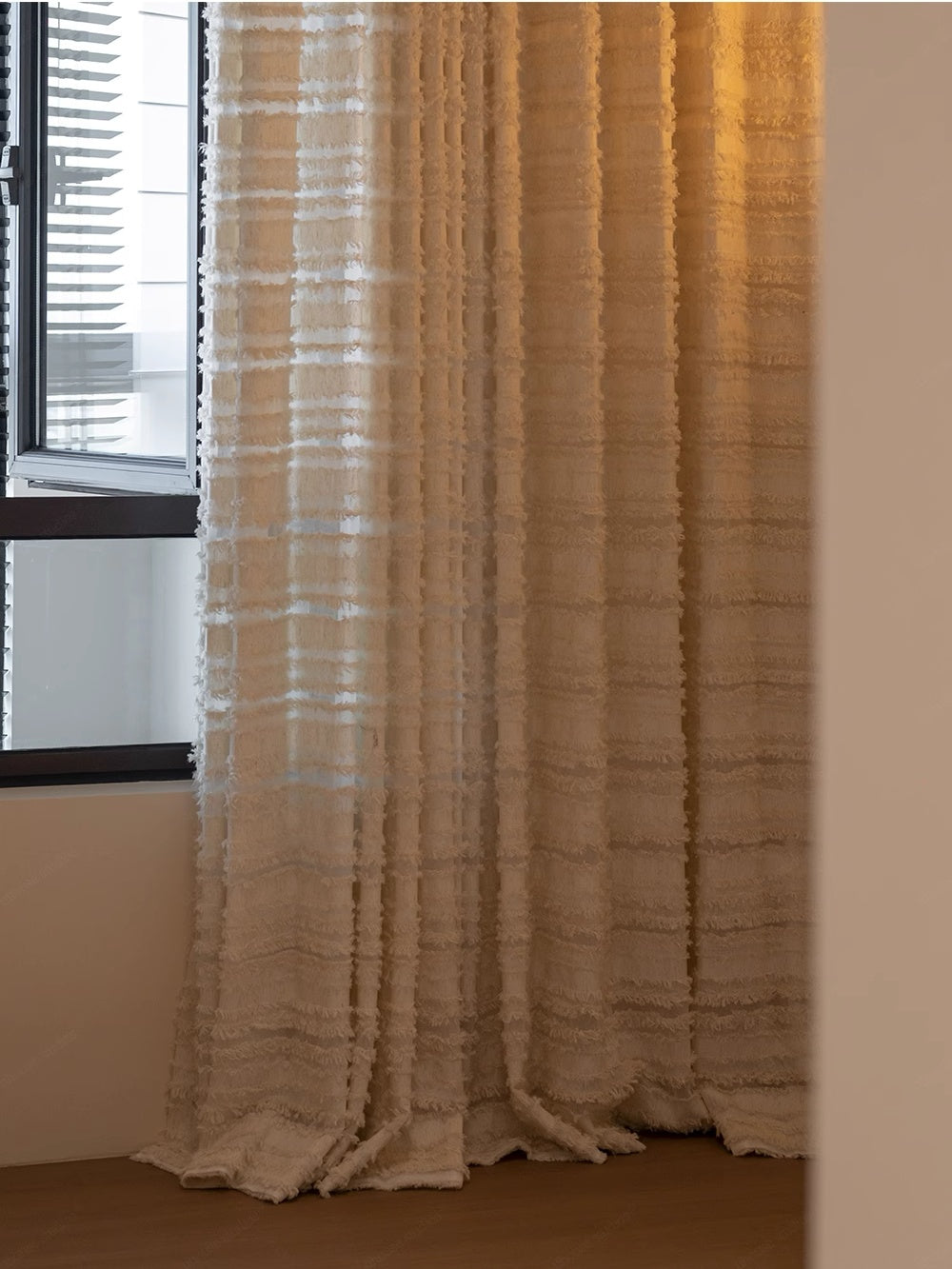 Luxury "Mousse Cake" sheer curtains with handcrafted fringe, perfect for living room elegance.