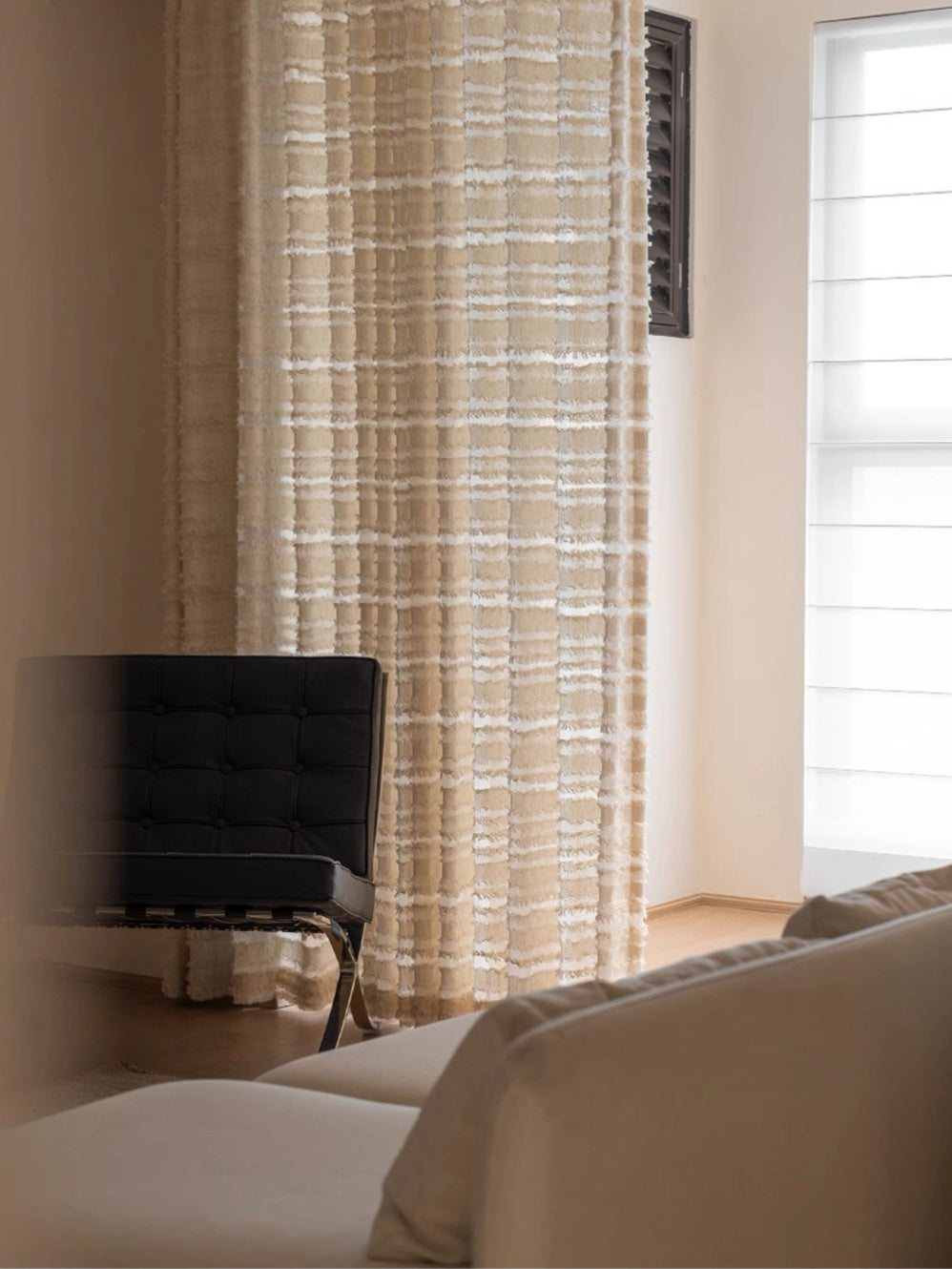 Sheer curtains for living room with horizontal fringe texture and artisanal handcrafted detailing.