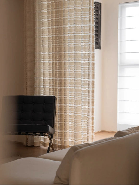 Sheer curtains for living room with horizontal fringe texture and artisanal handcrafted detailing.