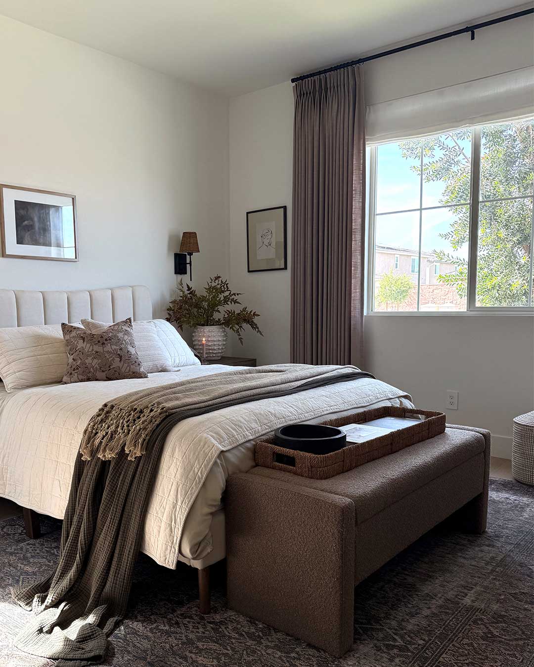 Linen blackout curtains in a modern bedroom setting.