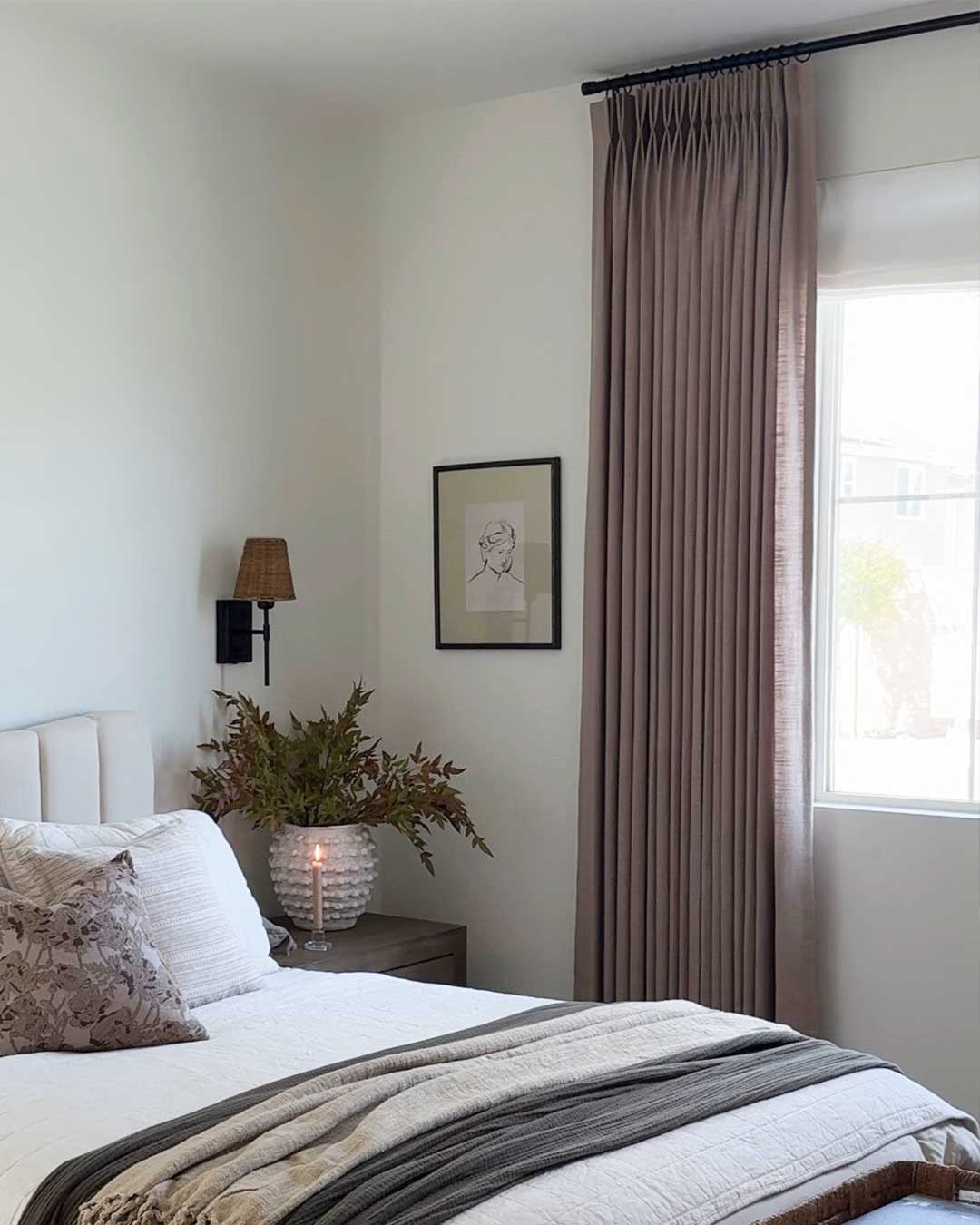 Hunter Style linen blackout curtains in a modern bedroom setting.