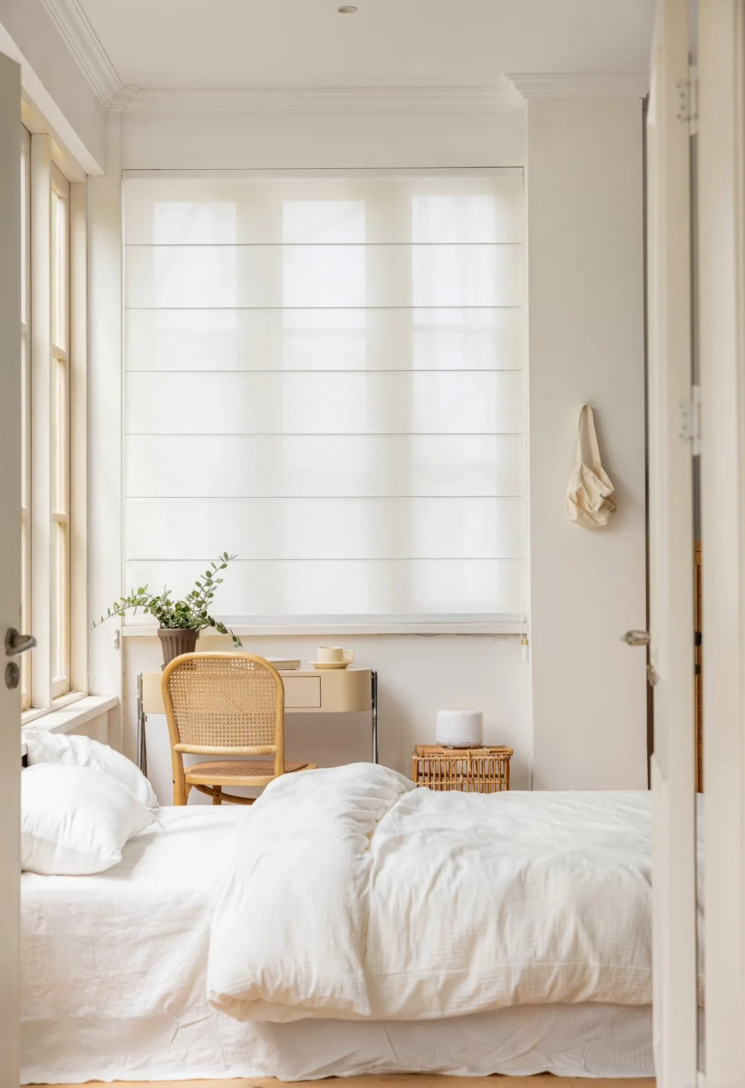 Semi-Blackout White Roman Shades, Light Filtering