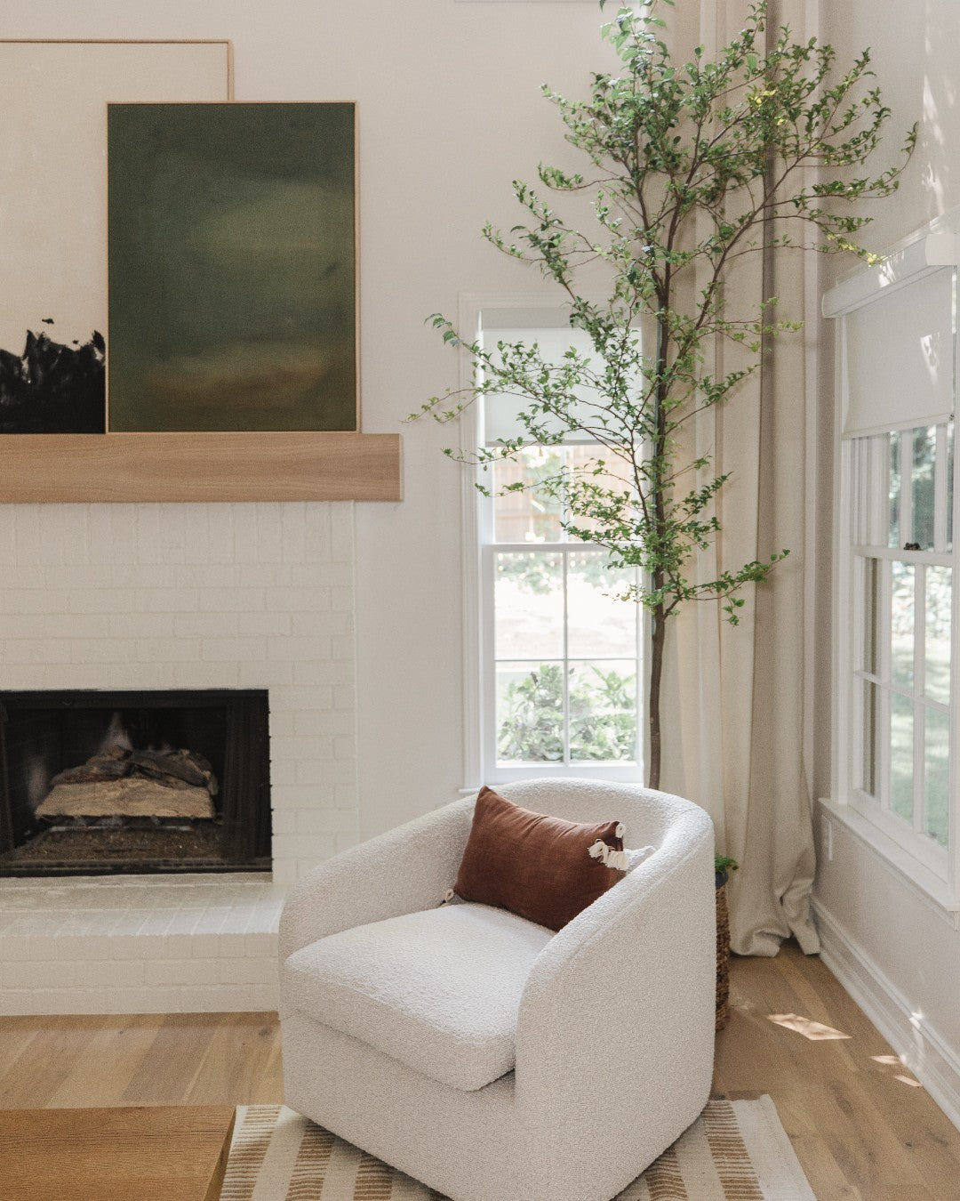 Solar shades in modern living room with white chair and green plant, enhances privacy and UV protection.