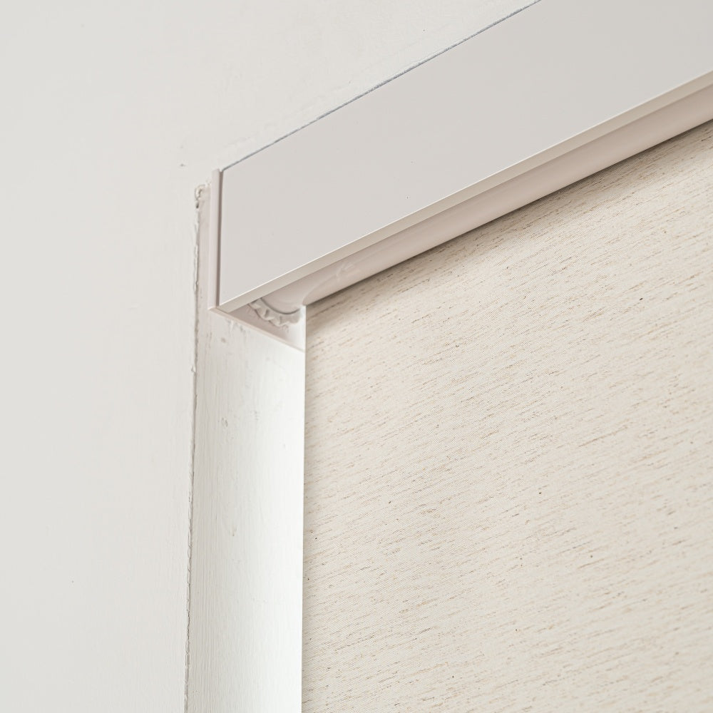 Cream-colored linen roller shades with a high-quality aluminum alloy top bar, highlighting the sleek and durable design