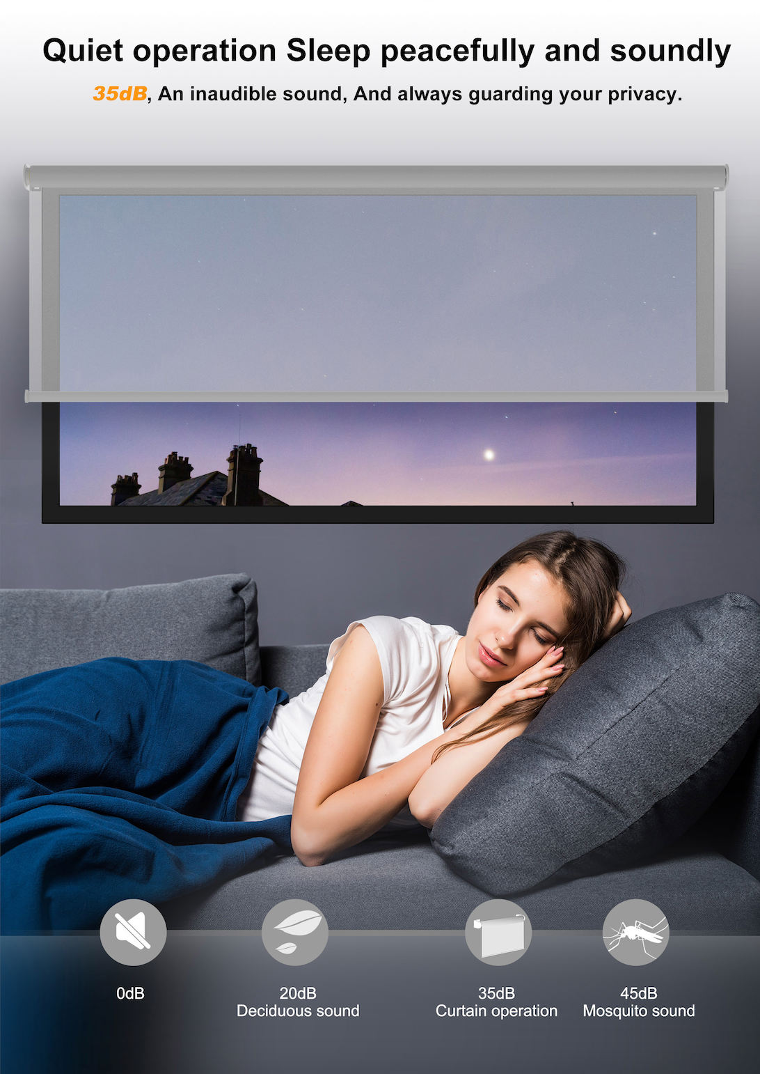 Motorized blinds providing quiet operation for a peaceful sleep environment, showcasing smart home integration and convenience.