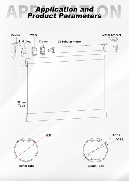 Diagram showing components of motorized blinds, including bracket, wheel, crown, end plug, motor bracket, and tubular motor.