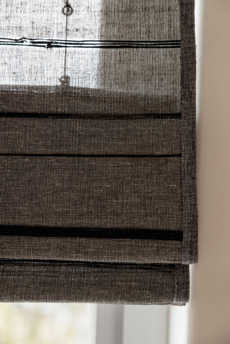 Natural ramie bamboo woven blinds with black stripes, mildew resistant and handcrafted.
