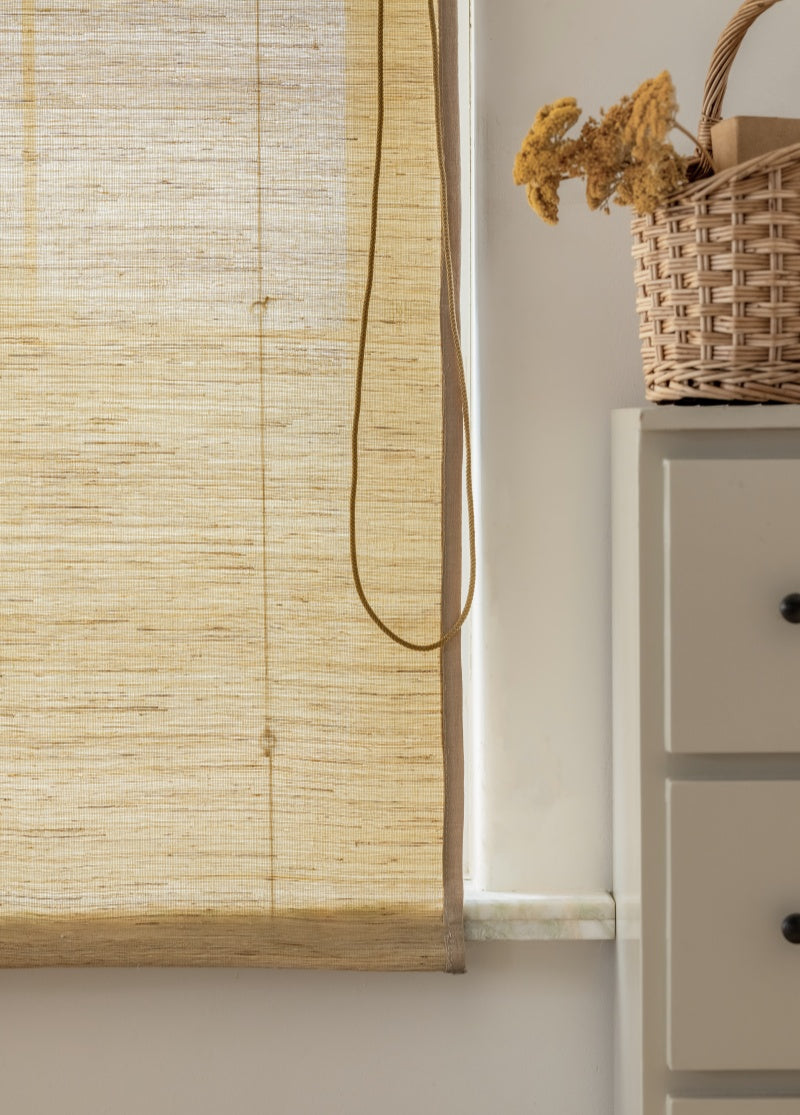 Natural ramie bamboo shades in cashew, mildew-resistant woven blinds, eco-friendly home decor.