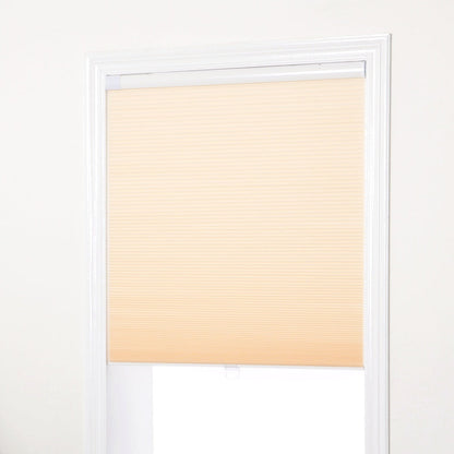 No-drill honeycomb shades in beige, easy tool-free installation, energy-efficient window blinds.