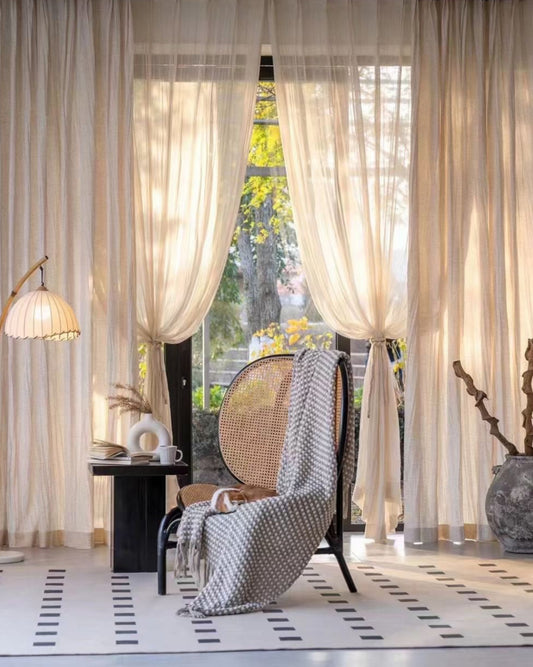 Lightweight crinkled linen gauze living room curtains, semi-privacy, light-filtering, elegant boho style.