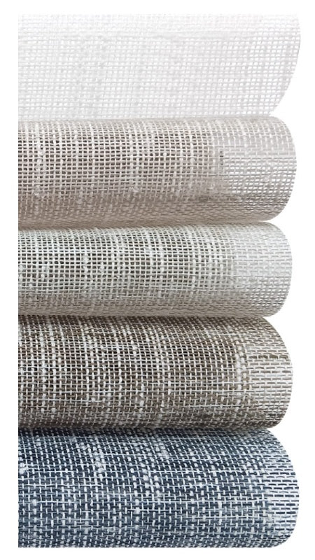 Stack of eco-friendly sheer Roman blinds in white, beige, and gray textures available in 6 colors from EaseEaseCurtains