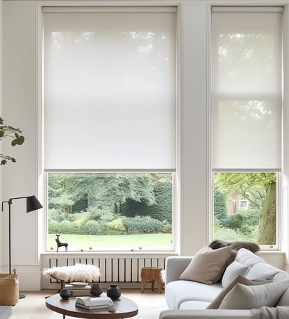 Linen roller shades in a modern living room setting.