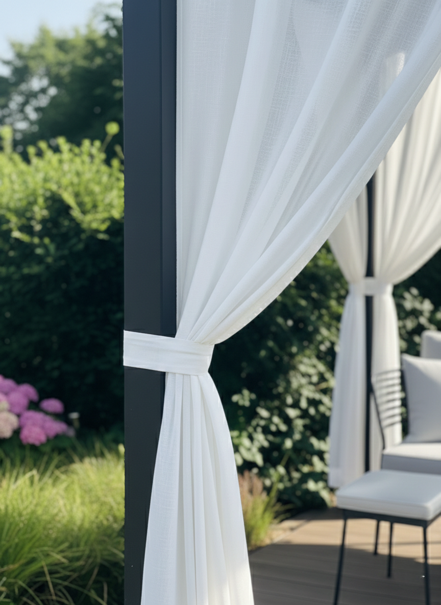Sheer outdoor curtains with UV protection, water-repellent and stain-resistant fabric for patios and gazebos