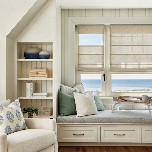 Top down bottom up Roman shades in natural linen with cordless light-filtering and blackout features on window