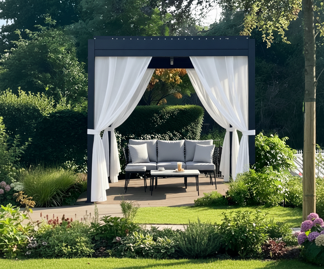 Sheer UV-resistant outdoor curtains with water-repellent, stain-resistant, and wind-resistant features for patios and pergolas