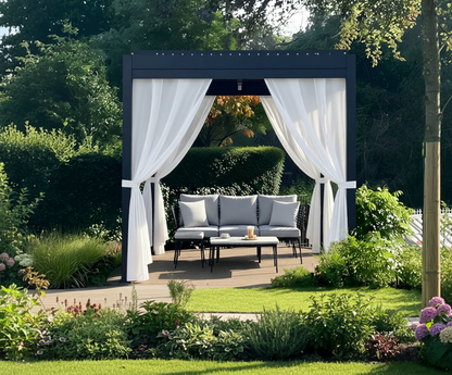 Sheer UV-resistant outdoor curtains with water-repellent, stain-resistant, and wind-resistant features for patios and pergolas