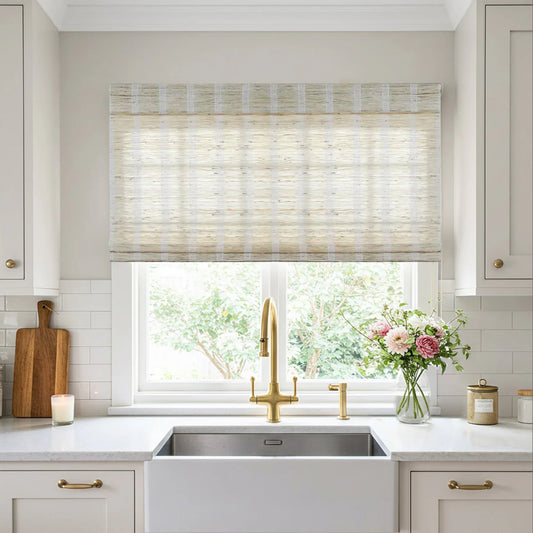 Natural almond woven wood shades made from 100% ramie fiber with breathable, mildew-resistant texture