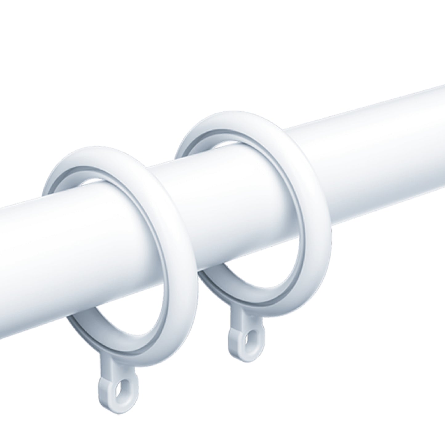 Close-up view of a white Roman rod with durable fluorine-modified finish and integrated curtain ring clips, showcasing effortless operation and robust support
