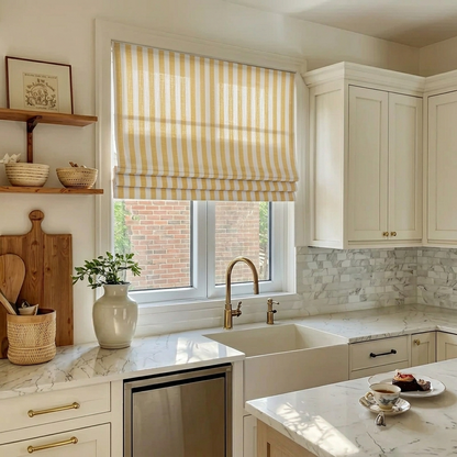 Butter yellow striped linen Roman window shades in a bright living room