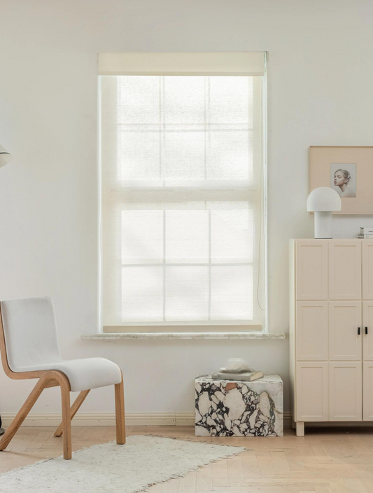 Natural coconut white bamboo window shades with delicate woven texture for light interiors