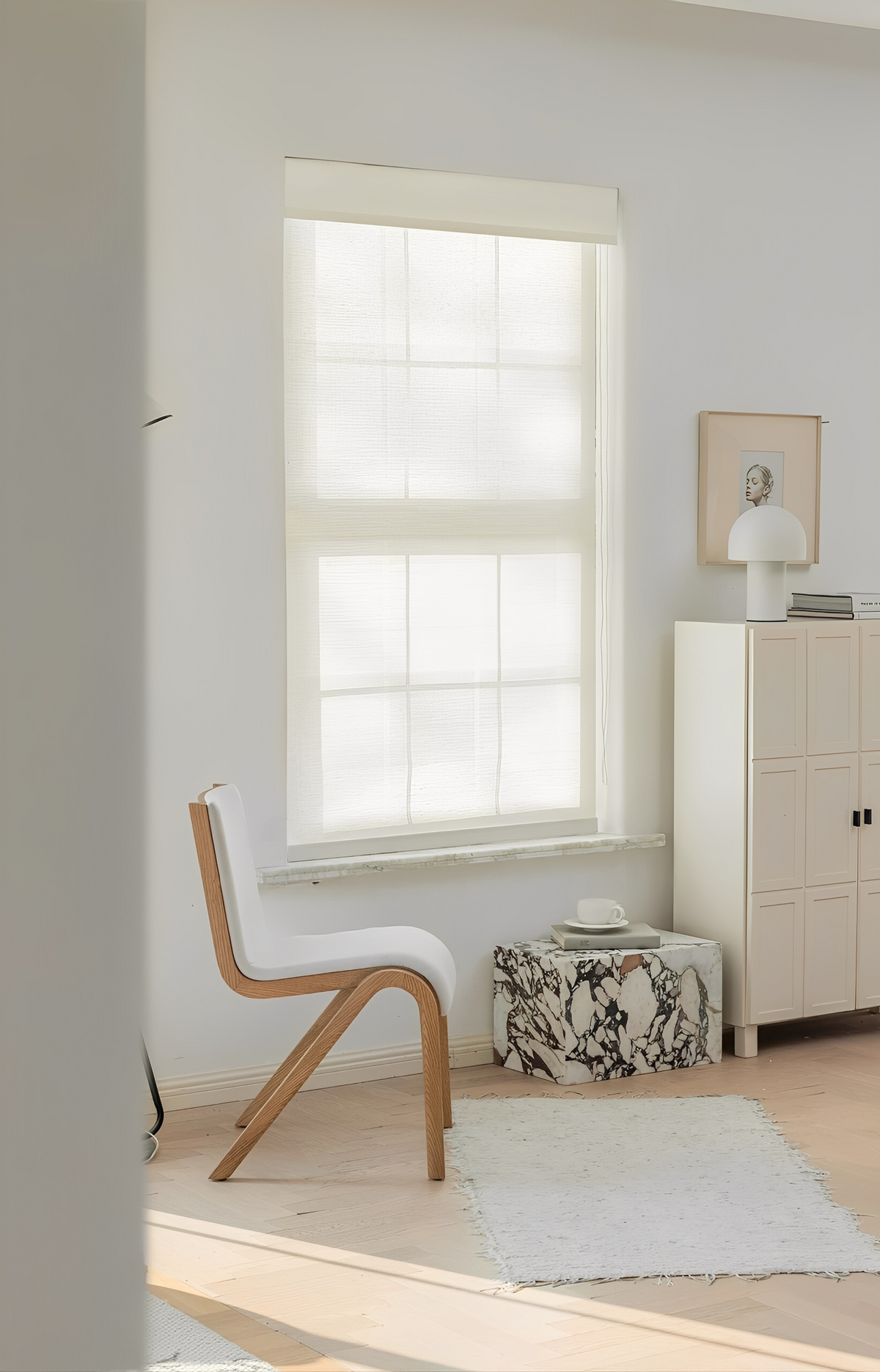 Coconut white natural ramie bamboo window shades with delicate woven texture for light interiors