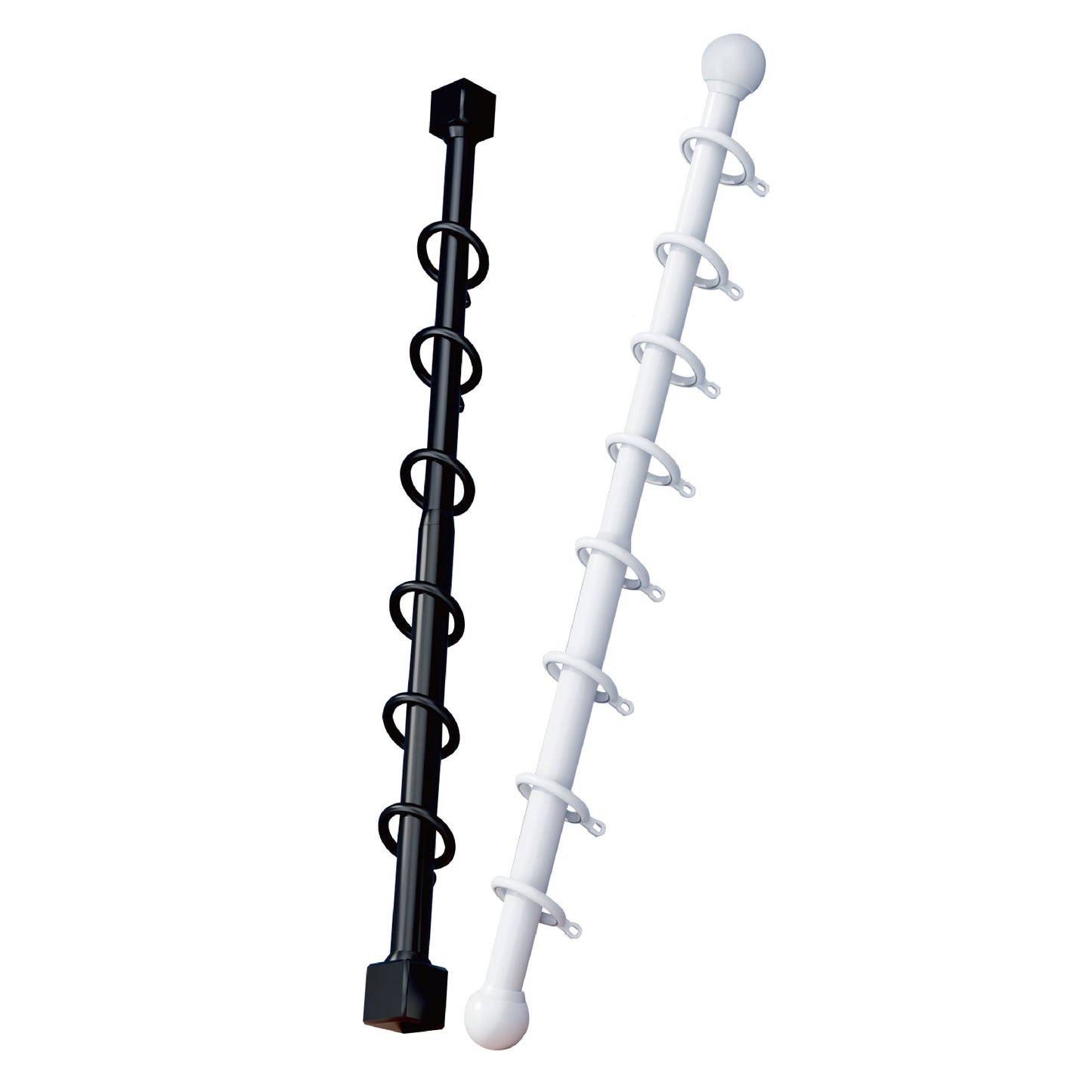 White and black EaseGlide Whisper-Silent Telescoping Roman Rods with decorative finials and evenly spaced ringlets for curtain hanging
