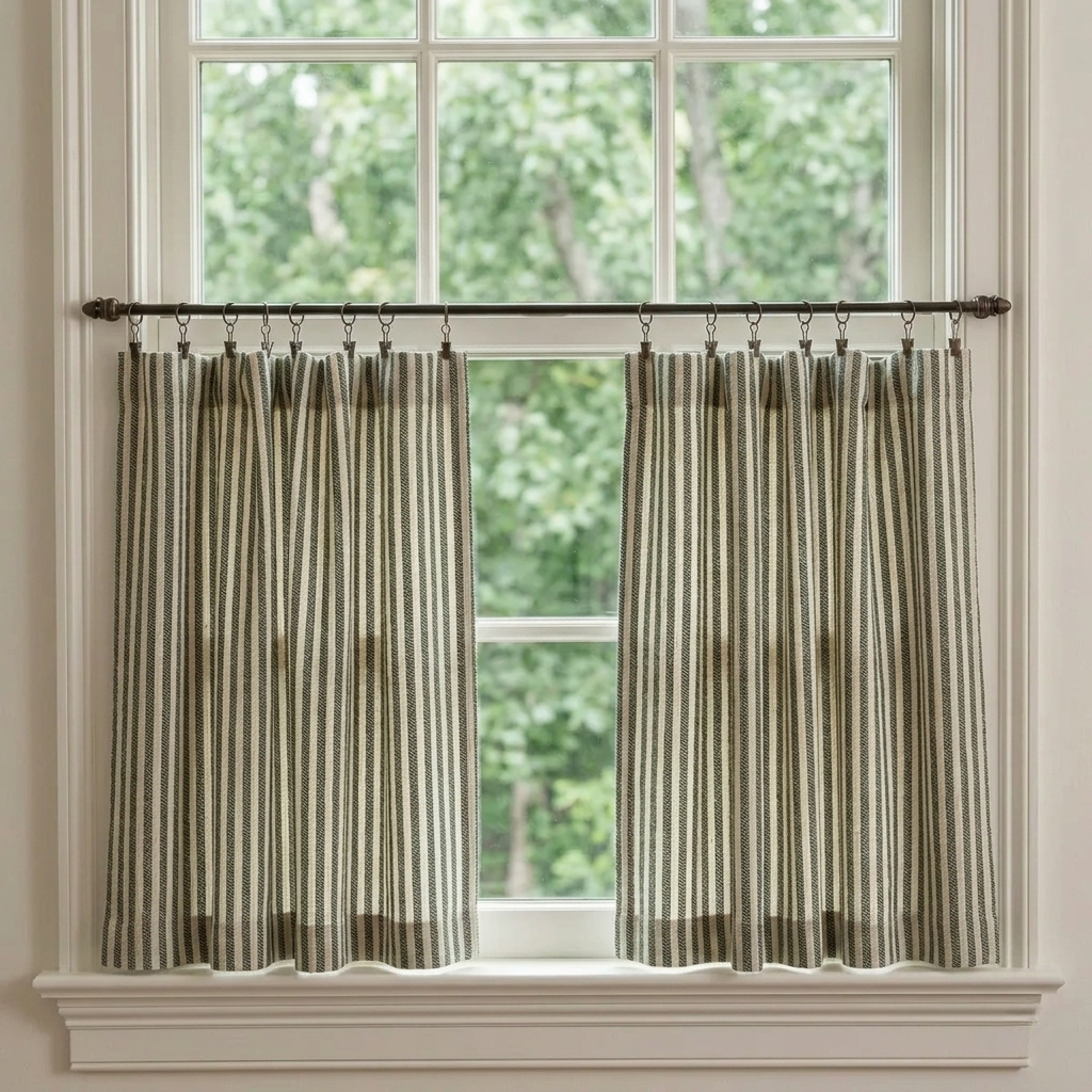 Classic striped linen café curtains custom-made for kitchen windows in French country style