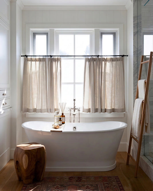 Custom cafe curtains in semi-sheer fabric, customizable size and color for kitchen or dining room decor.