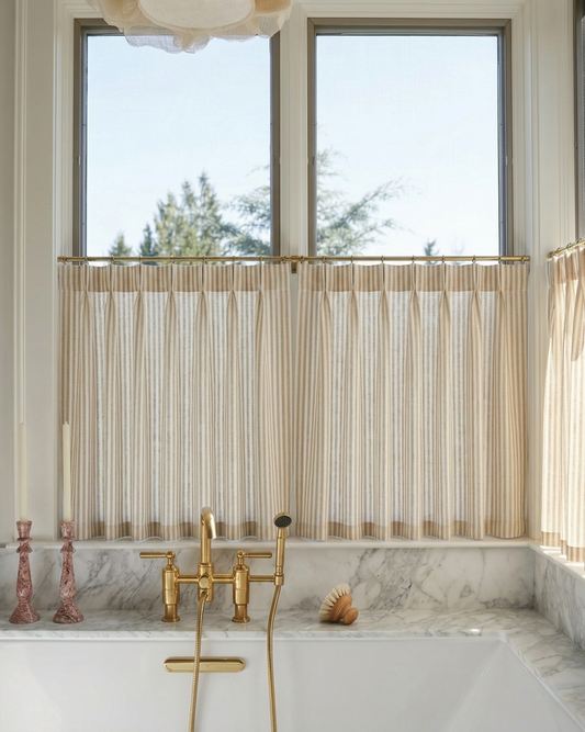 Classic striped linen café curtains kitchen  in French country style for kitchen windows, custom-sized and easy to hang
