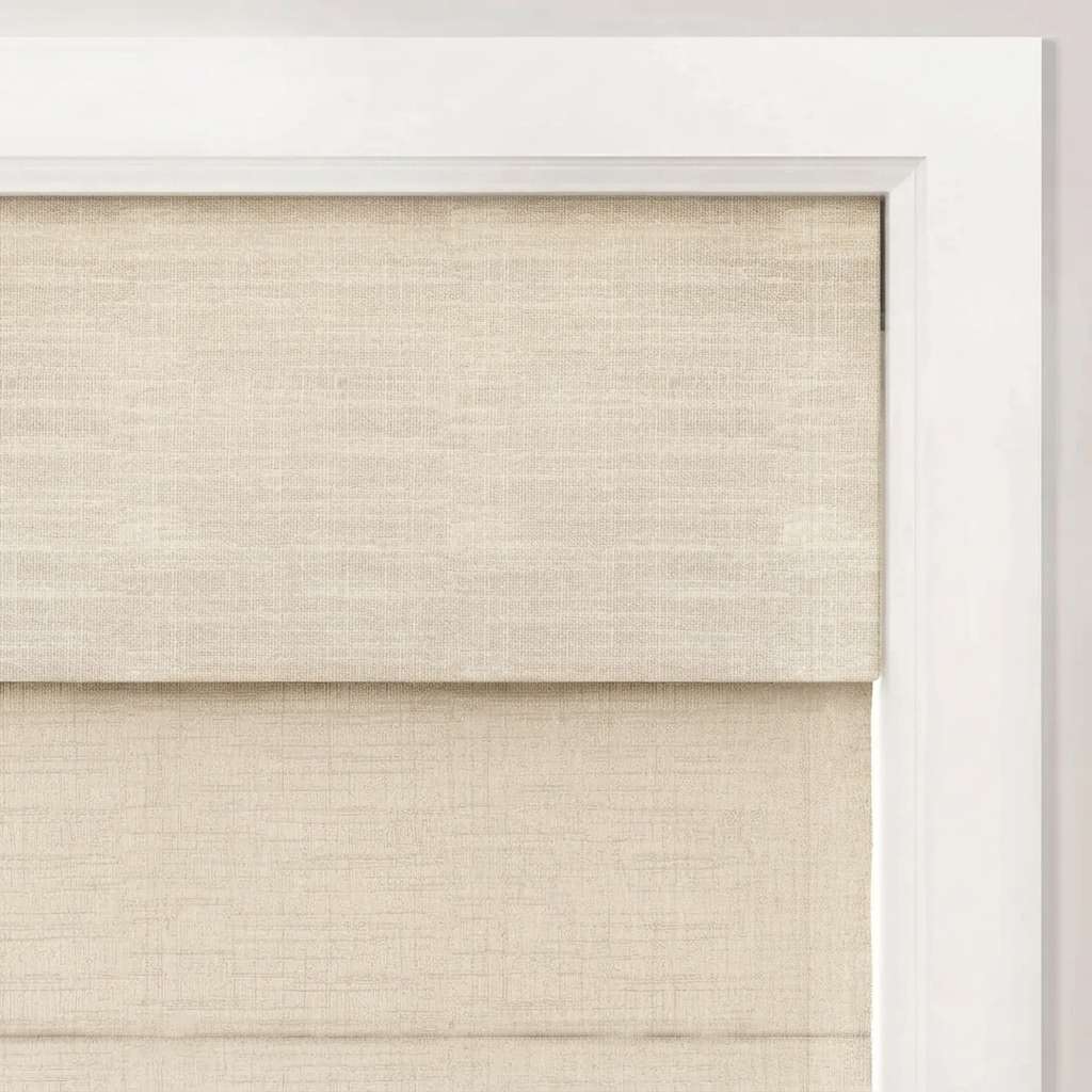 Top down bottom up Roman shade in natural linen with cordless light-filtering and blackout features covering window for privacy and daylight control