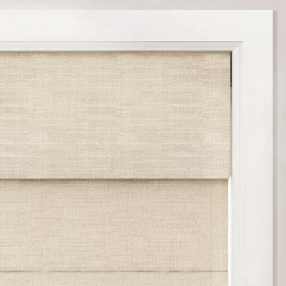 Top down bottom up Roman shade in natural linen with cordless light-filtering and blackout features covering window for privacy and daylight control