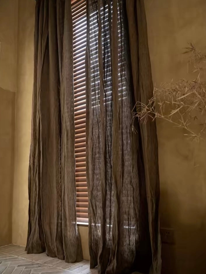 coffee brown linen curtains in sheer, softly textured fabric with long flowing panels and a light-filtering weave