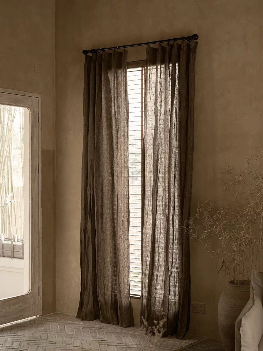 coffee brown linen curtains in sheer, softly woven fabric, with long panels and a gathered top edge