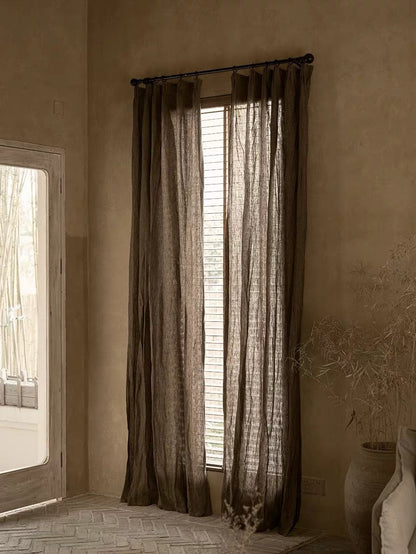 coffee brown linen curtains in sheer, softly woven fabric, with long panels and a gathered top edge