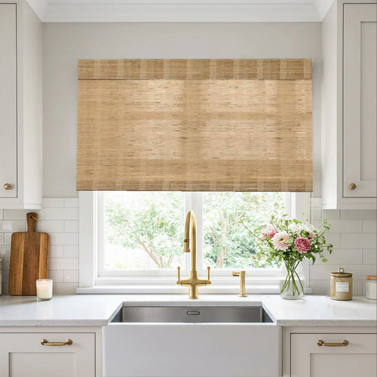 Pure Ramie cordless bamboo shades woven shades in warm honey for modern and rustic spaces, mold-resistant and breathable natural fiber window treatment