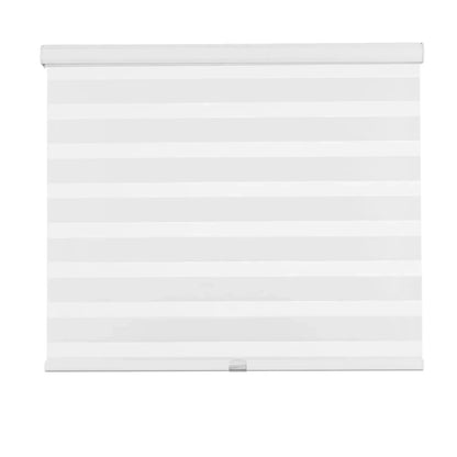 Cordless zebra blinds with dual-layer fabric for light control and privacy in large living room windows