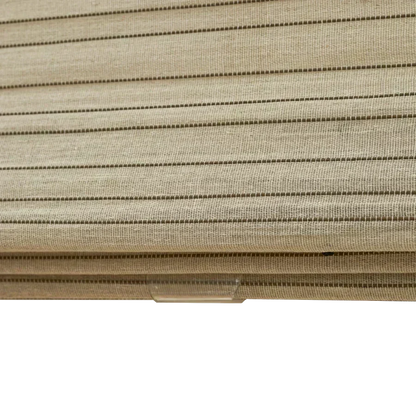 Custom bamboo shades with natural linen and black stripes, handwoven eco-friendly window blinds
