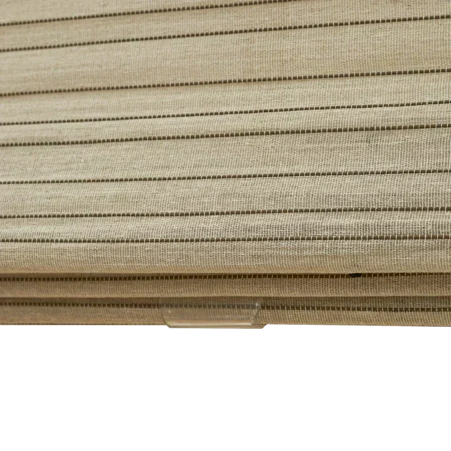 Custom bamboo shades with natural linen and black stripes, handwoven eco-friendly window blinds