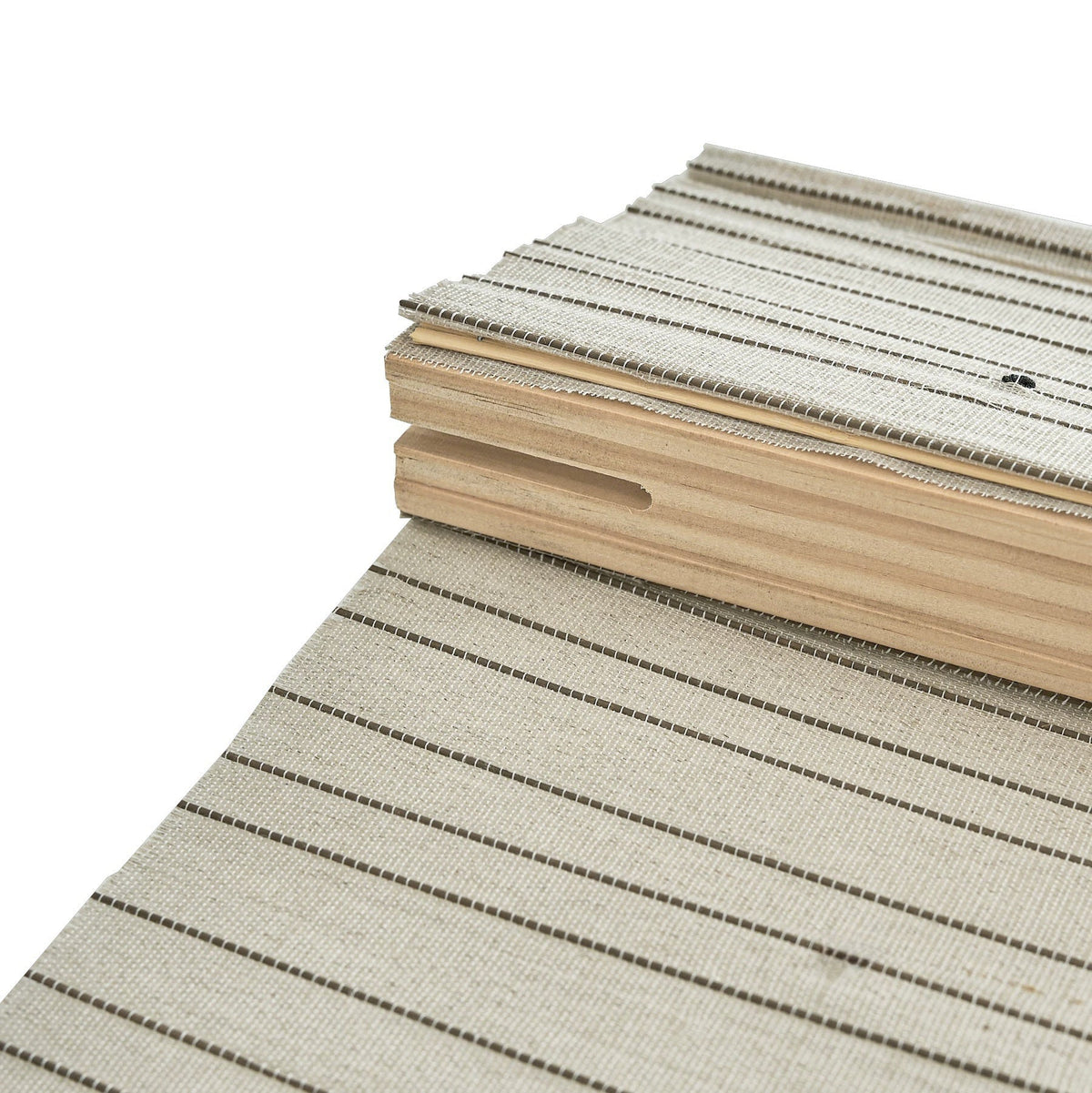 Natural custom bamboo shades with black stripes made from eco-friendly linen and bamboo, handwoven and breathable