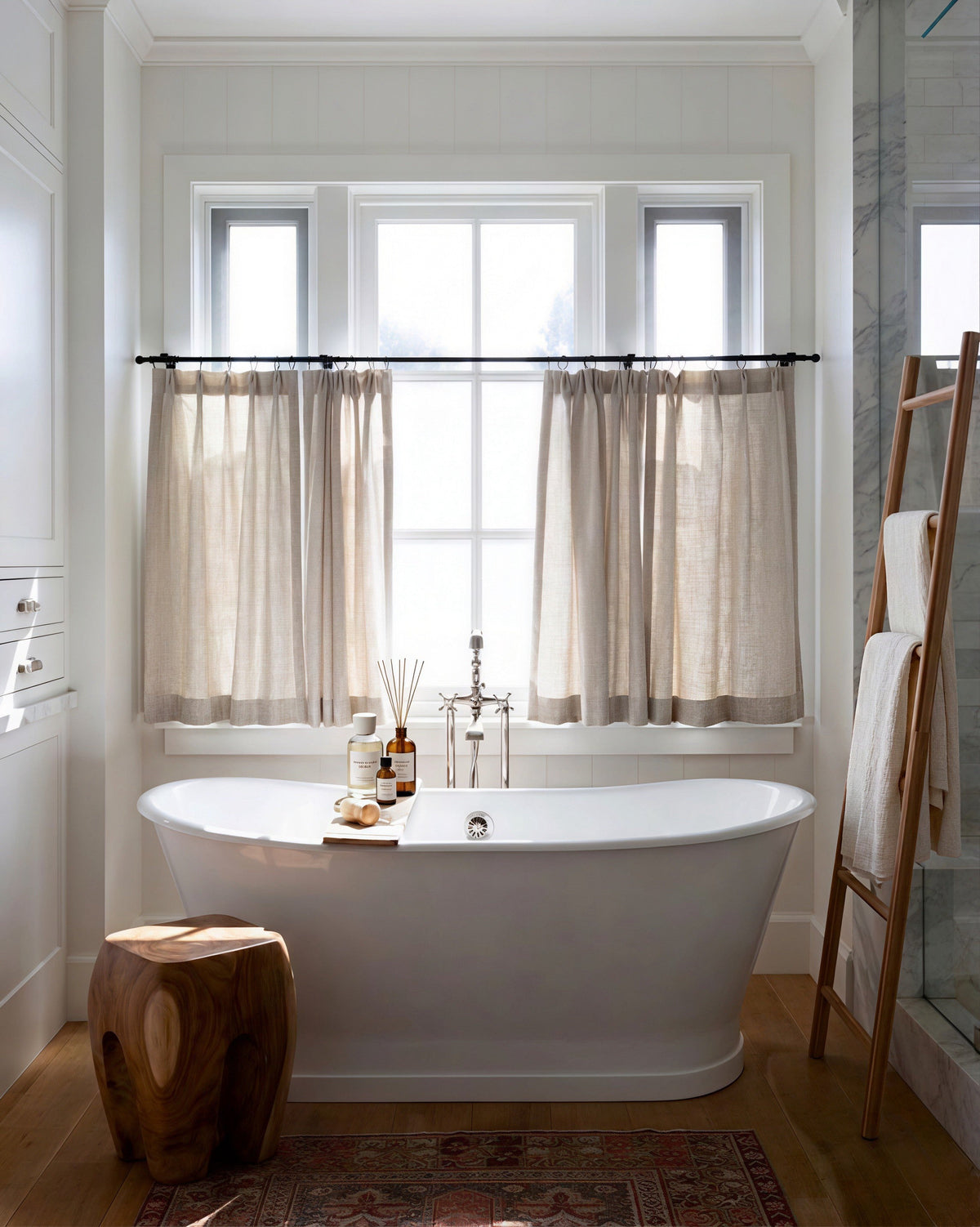 Custom cafe curtains in semi-sheer fabric, customizable size and color for kitchen or dining room decor.
