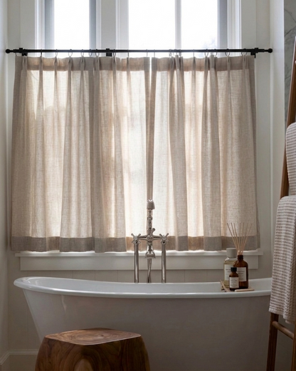 Custom cafe curtains in semi-sheer fabric, customizable size and material for kitchen or dining room decor